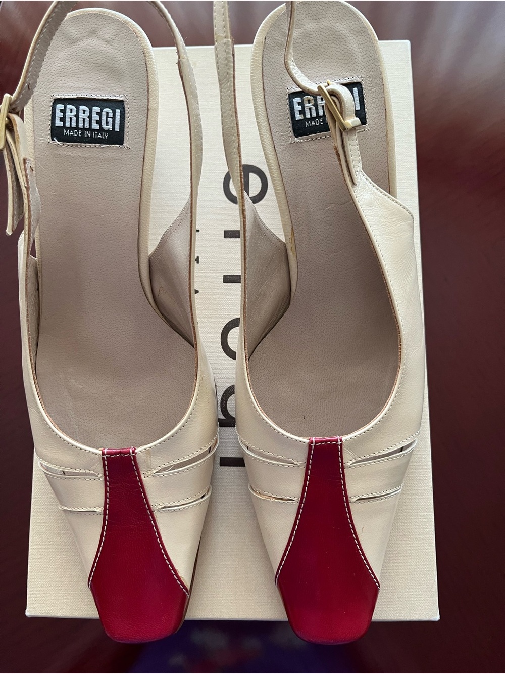 Erregi Cream Slingback Mules with Red Toe Accent